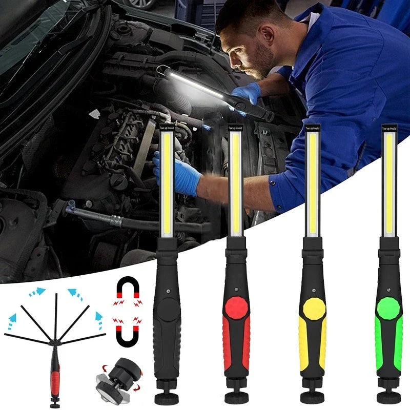 A portable LED work light with a magnetic base, adjustable brightness, and 180-degree rotating light bar for versatile illumination in car repairs, outdoor activities, and everyday tasks.