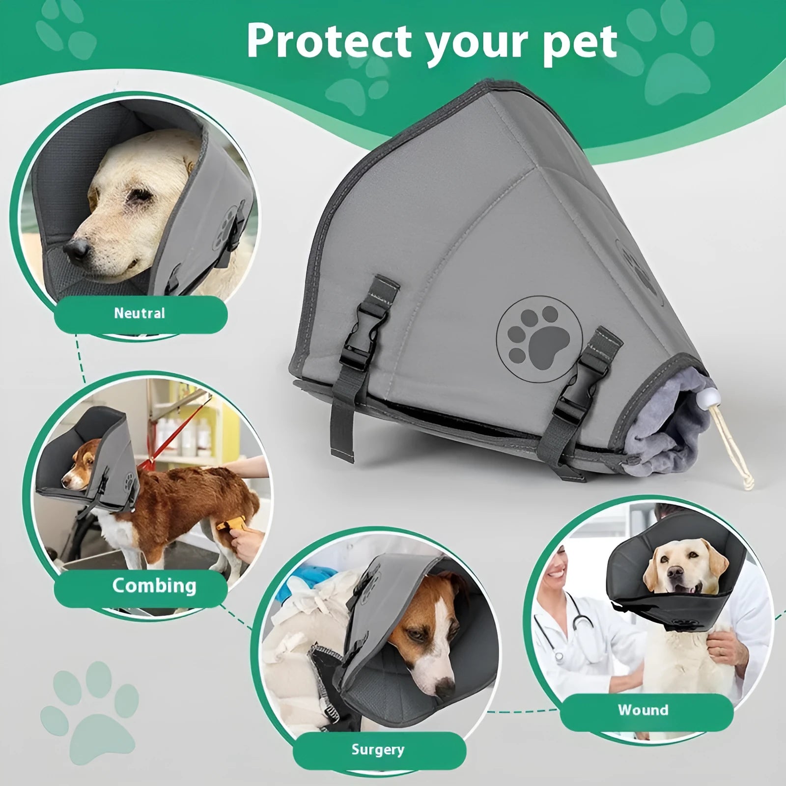 Soft adjustable polyester collar for dog or cat post-surgery recovery, shown in sizes L, M, XL.