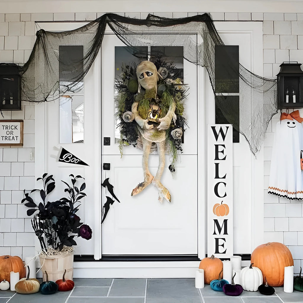 Realistic mummy Halloween wreath with skeleton hands, 46cm three dimensional handmade plastic decoration on door