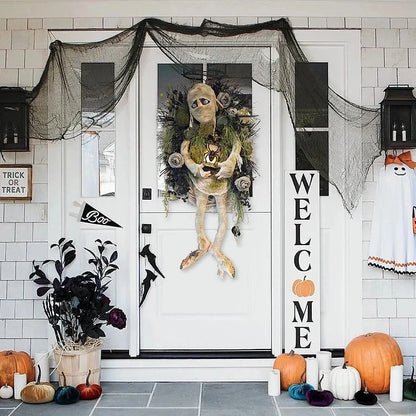 Realistic mummy and skeleton hands Halloween wreath for door decoration