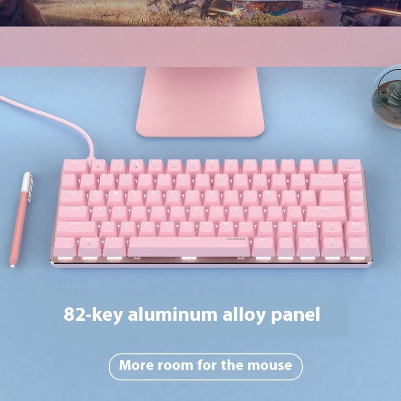 Pink metal mechanical gaming keyboard with white backlight and 82 keys