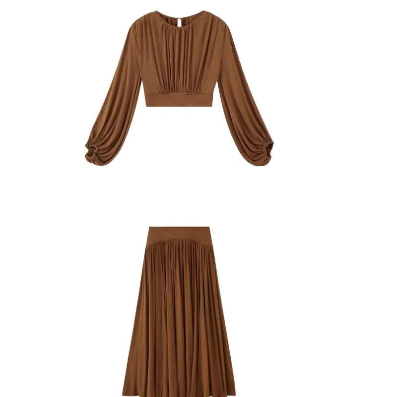 Women's batwing sleeve round neck top and pleating split long skirt suit in solid brown colour, polyester, Asian sizes S to 3XL