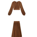 Women's batwing sleeve round neck top and pleating split long skirt suit in solid brown colour, polyester, Asian sizes S to 3XL