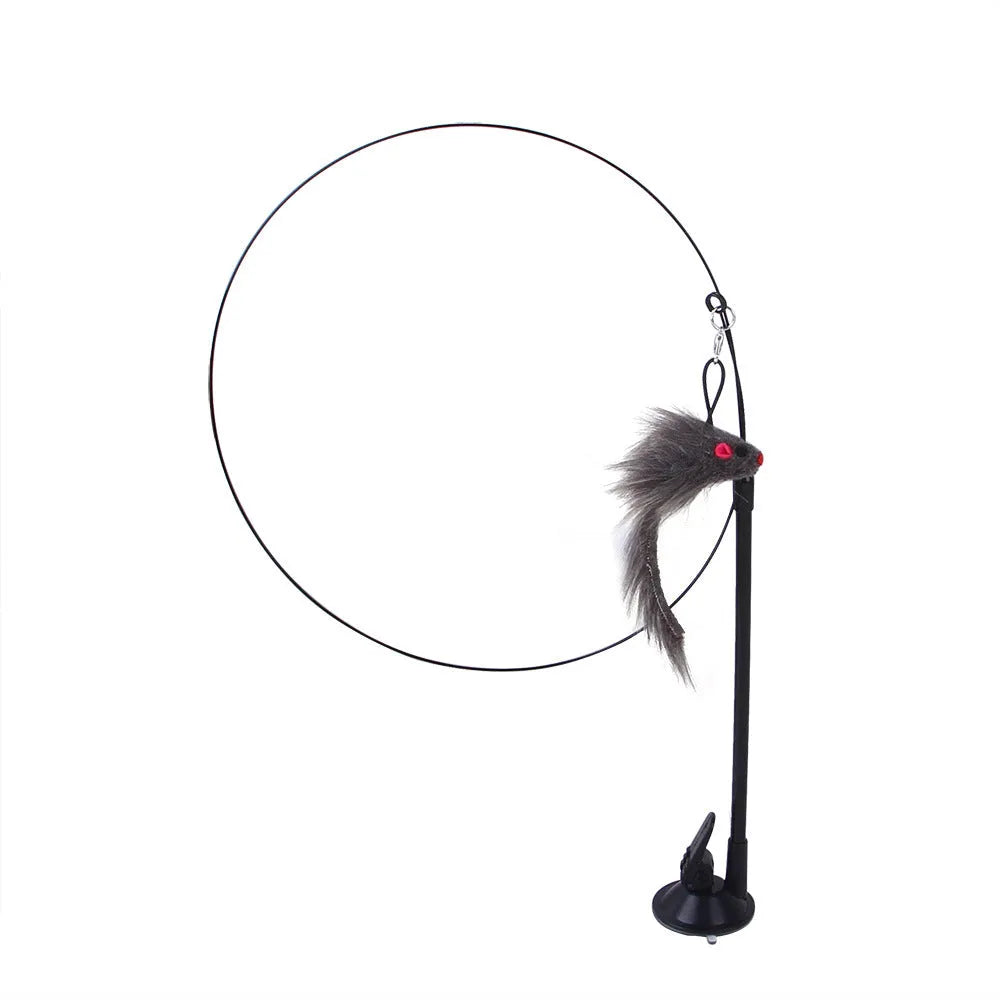 H Hot-selling sucker cat teaser with blue flying fish replaceable head, steel wire arm, and PP construction on a window