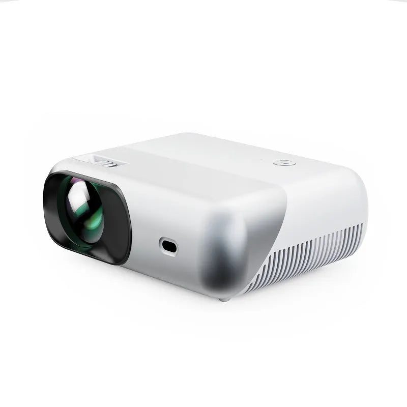 White portable WiFi HD 1080p projector with focus ring and remote control on a table