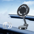 Car dashboard phone holder with flexible clip and 360-degree swivel mount in black.