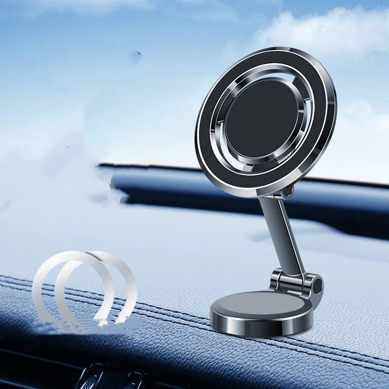 Car dashboard phone holder with flexible clip and 360-degree swivel mount in black.