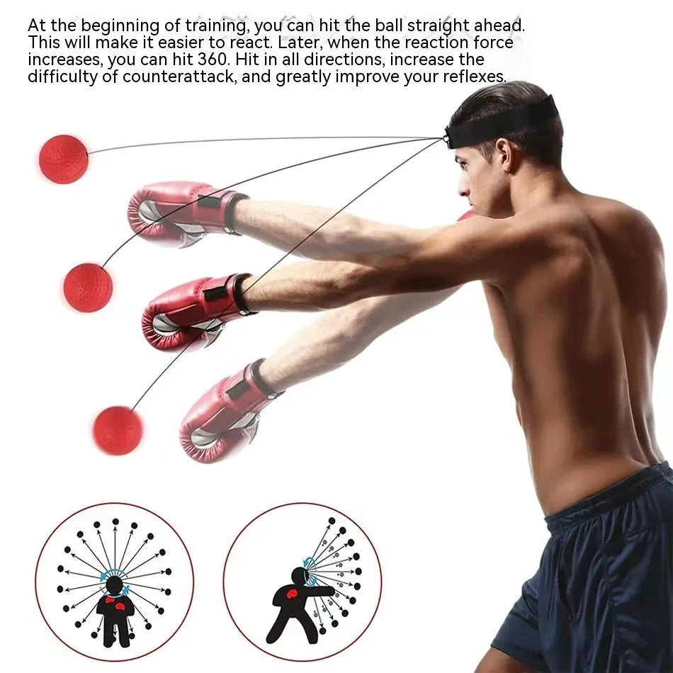Head-mounted boxing reaction training ball set showing multiple coloured balls and two styles of adjustable headband.
