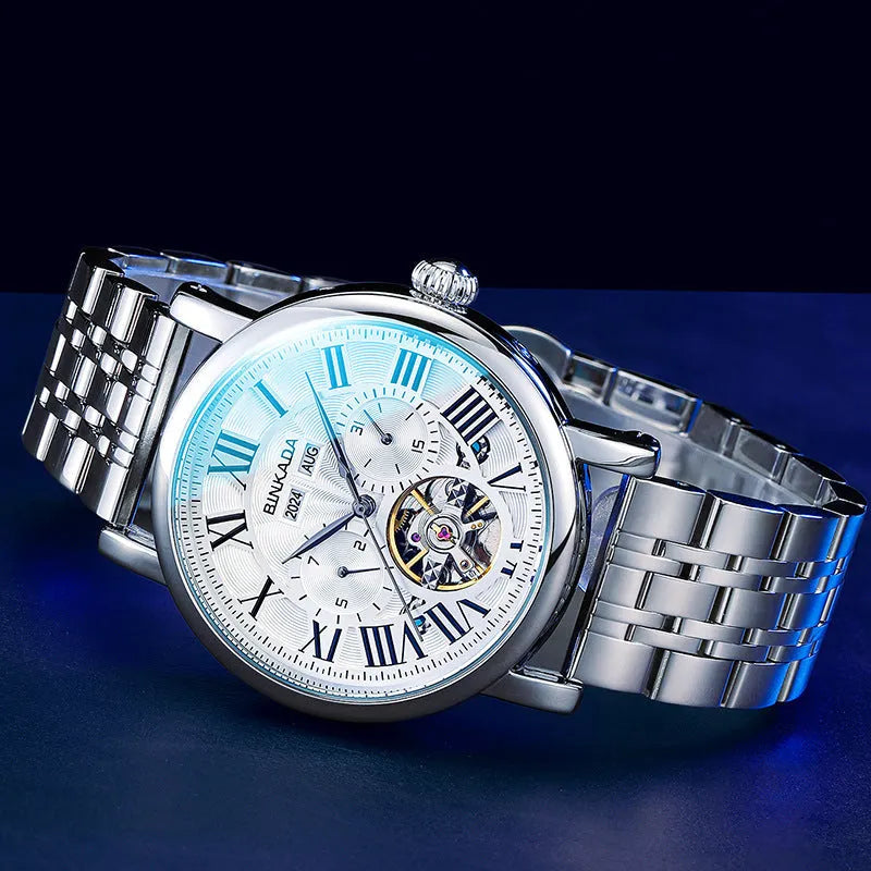 Men's mechanical automatic waterproof watch with stainless steel case and steel strap