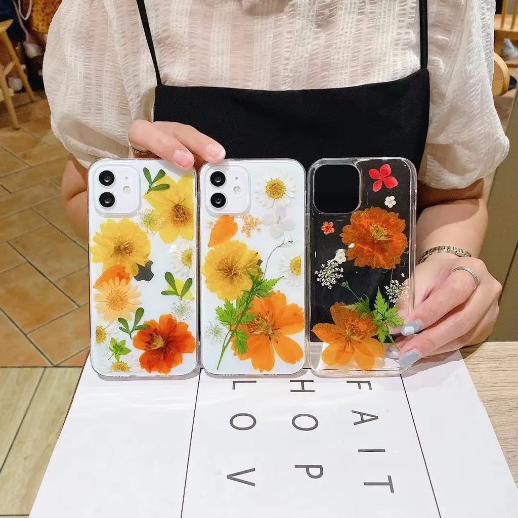 Epoxy glitter small floral phone case in TPU for iPhone, glossy finish, multiple colour options