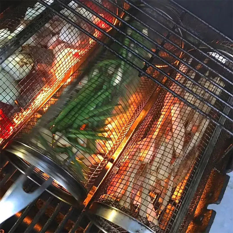 Iron wire rolling BBQ grilling basket with cylindrical mesh for vegetables and meatballs in two size options.