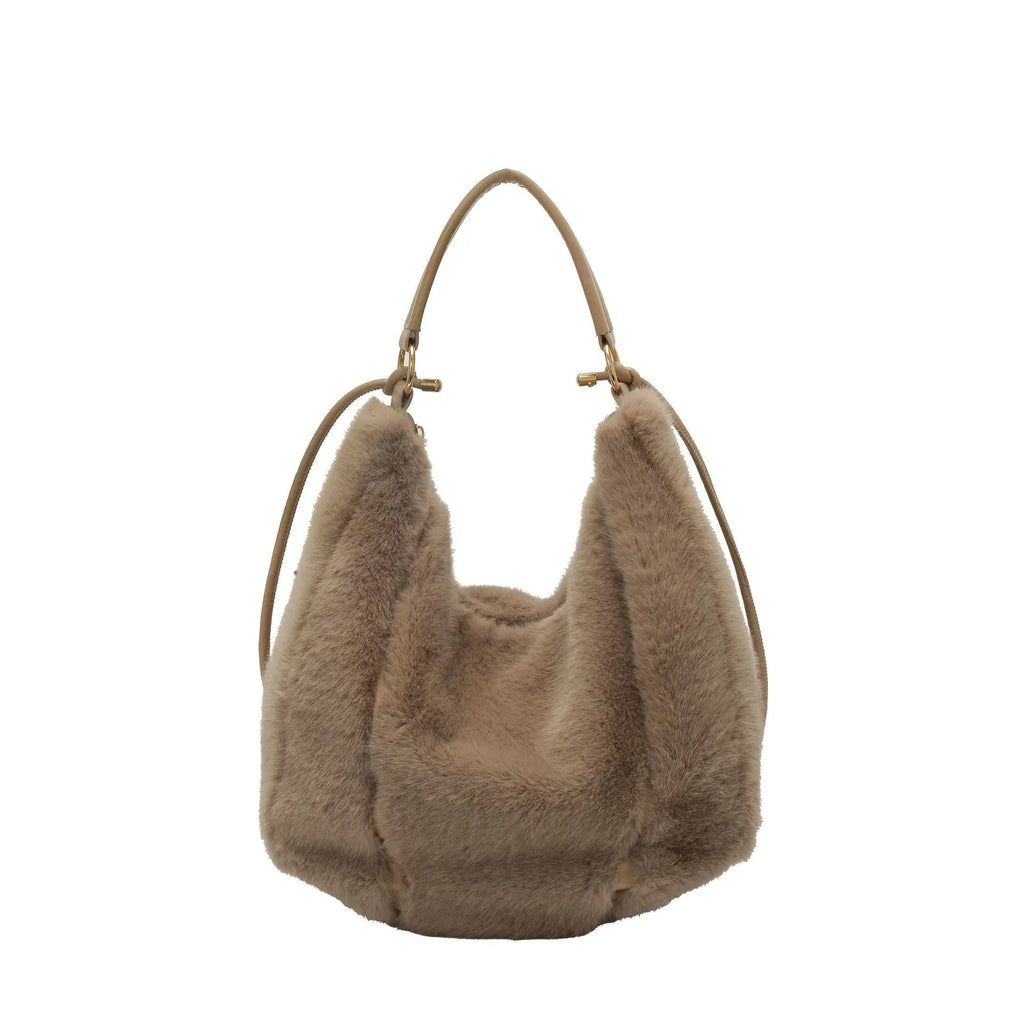 Beige one shoulder underarm bag in plush with splicing details, horizontal square shape, and single strap