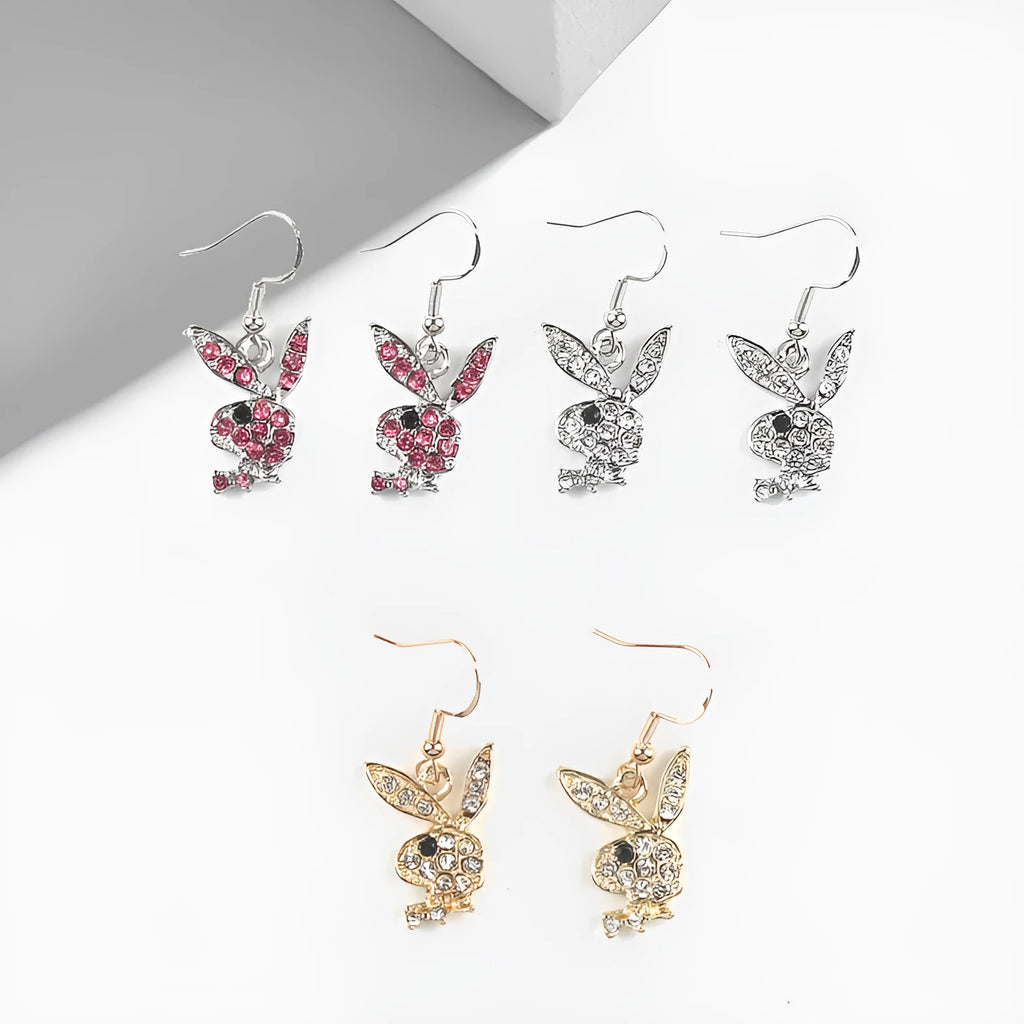 Gold, pink and silver full diamond rabbit stud earrings for women.