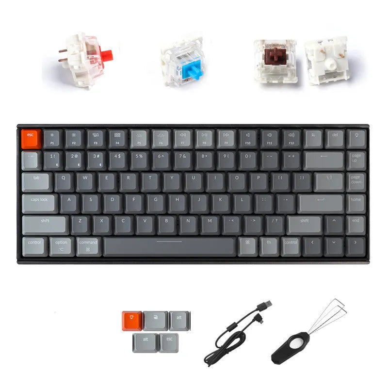Grey 87-key mechanical keyboard with white backlight, USB and Bluetooth connectivity, compact plastic edge design