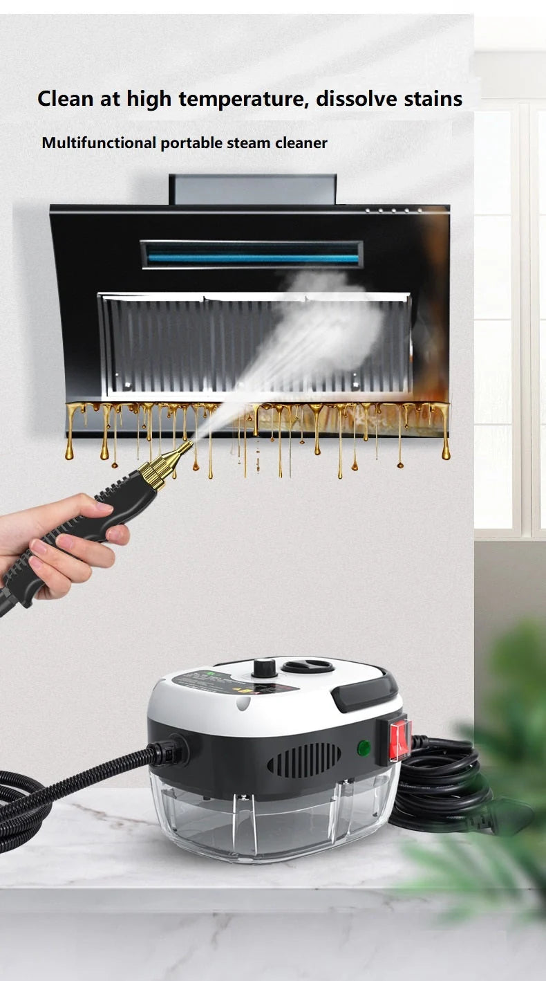 High pressure steam cleaner for kitchens with large glass water tank and multiple nozzles