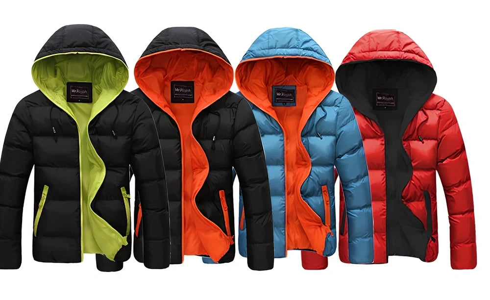 Blue hooded men's jacket with zipper, cotton filling, side pockets, M size 60 cm length and 104 cm bust