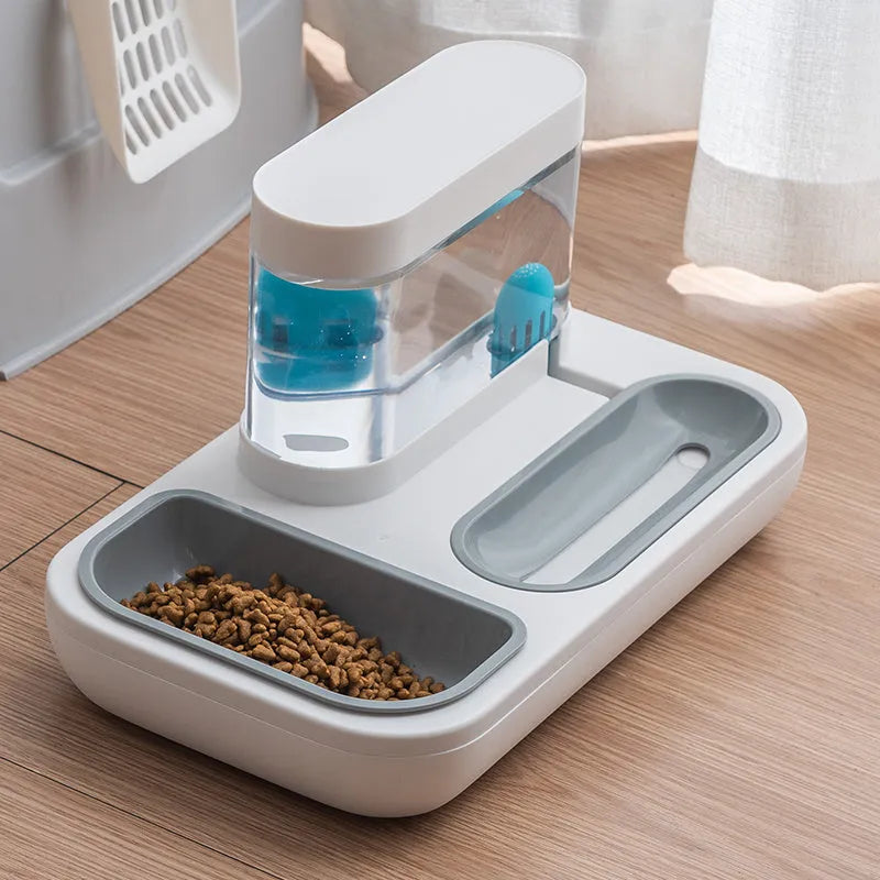 Automatic pet cat feeder water dispenser with double bowl design, 1500ml capacity, in Snow Mountain White colour