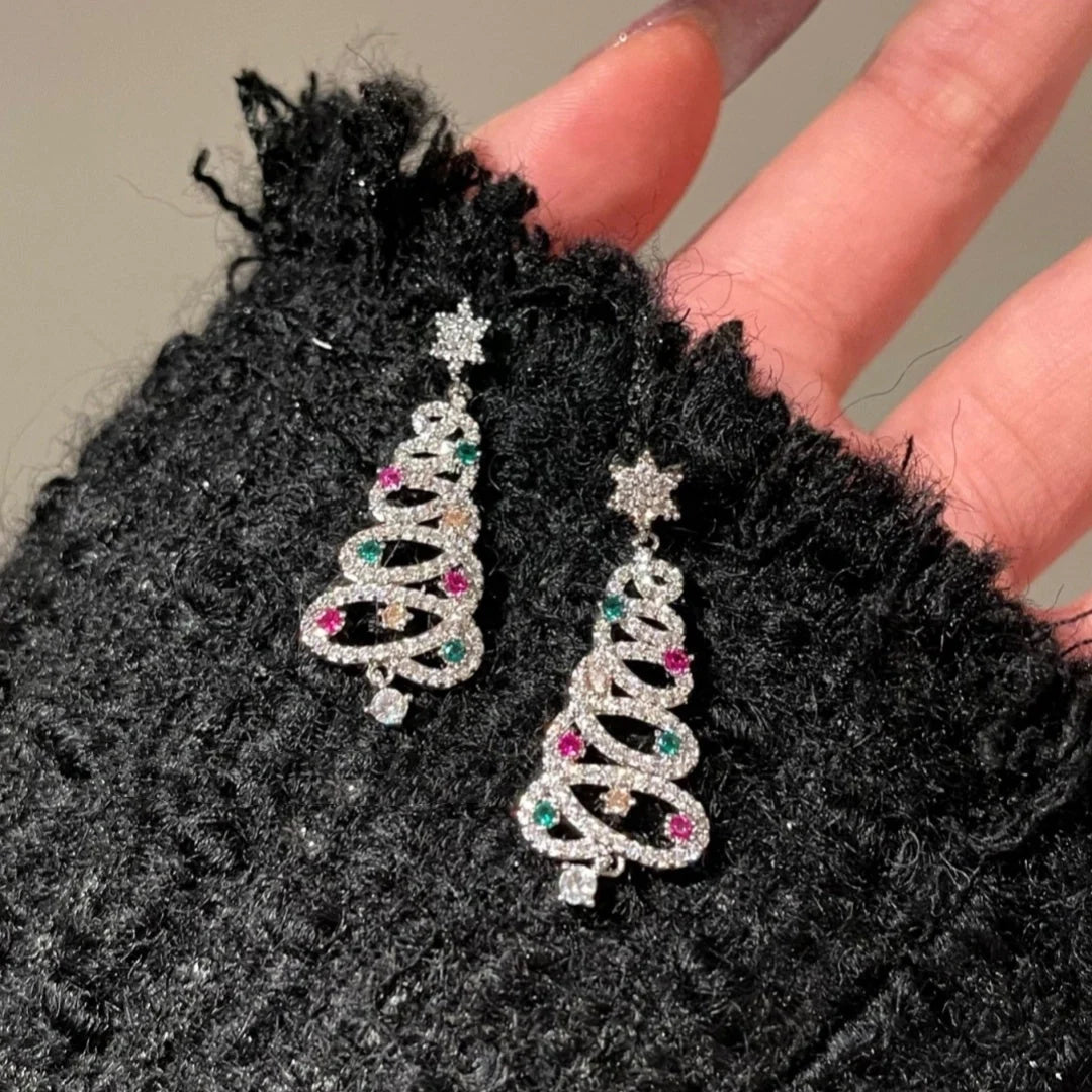 Festive Christmas tree tassel earrings with colorful zircon inlays