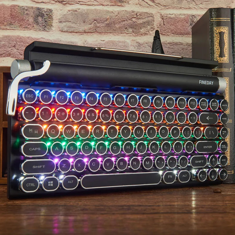 Black retro style mechanical keyboard with backlit keys and Bluetooth connectivity