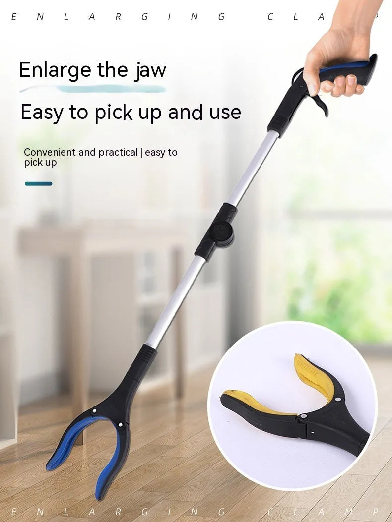 Foldable aluminium rubbish grabber with magnet, shown extended and in blue, orange, and yellow handle colours.