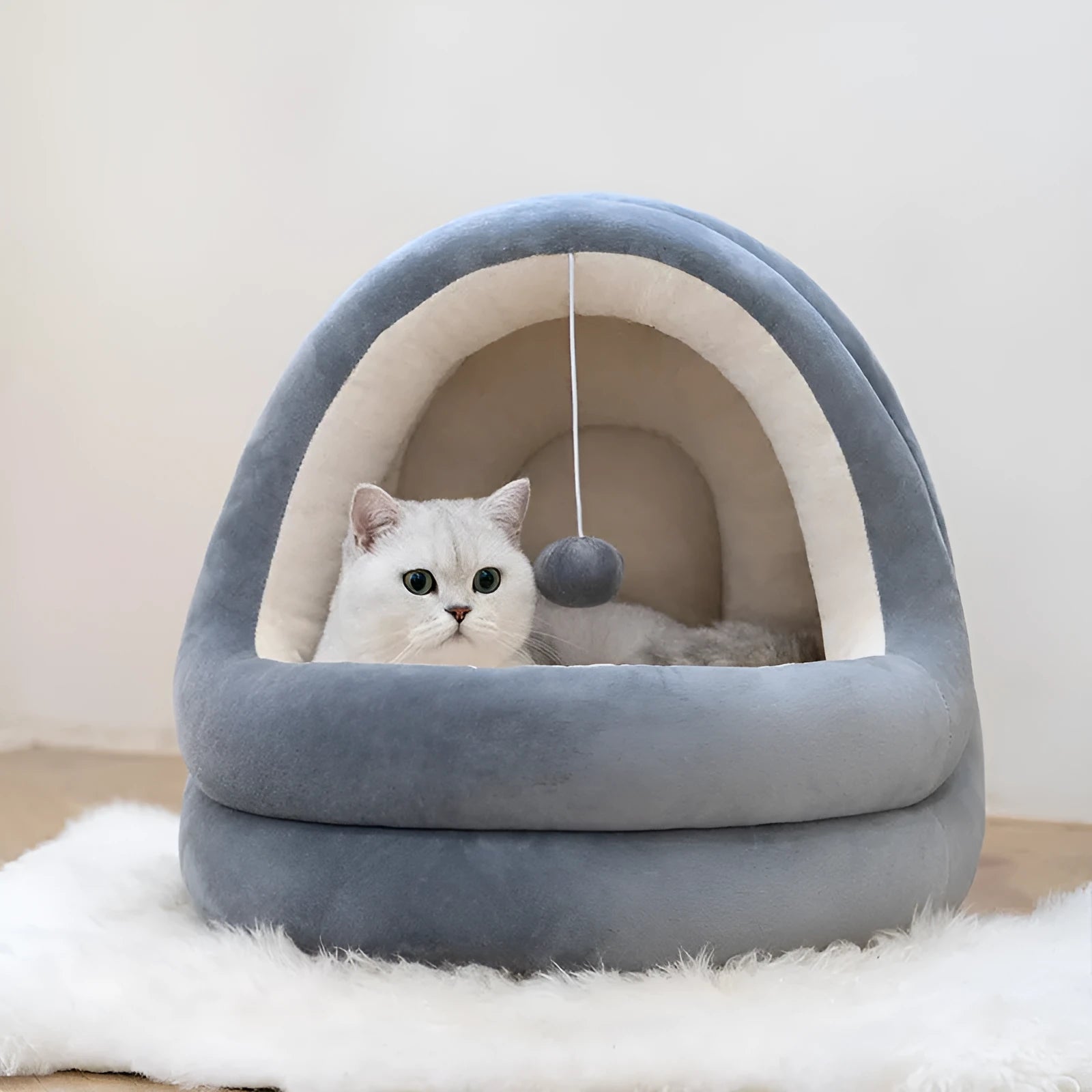 Beige grey crystal velvet cat house bed with removable mattress for kittens and small dogs