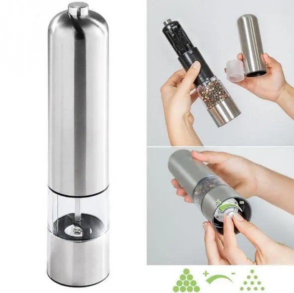 Stainless steel electric pepper grinder with natural colour finish, showing adjustable coarseness dial.