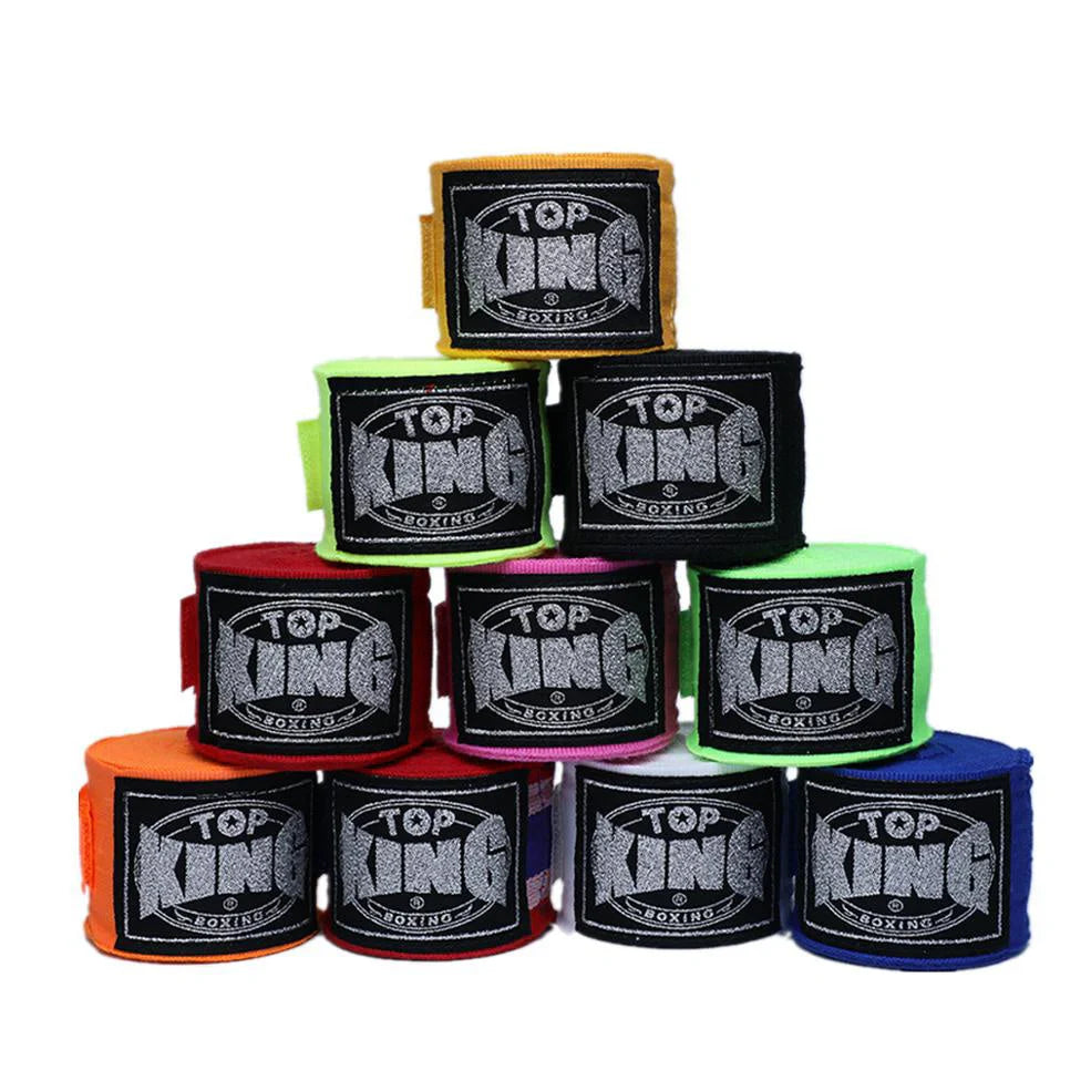 Two 5-metre boxing hand wraps in different colours showing elastic cotton construction
