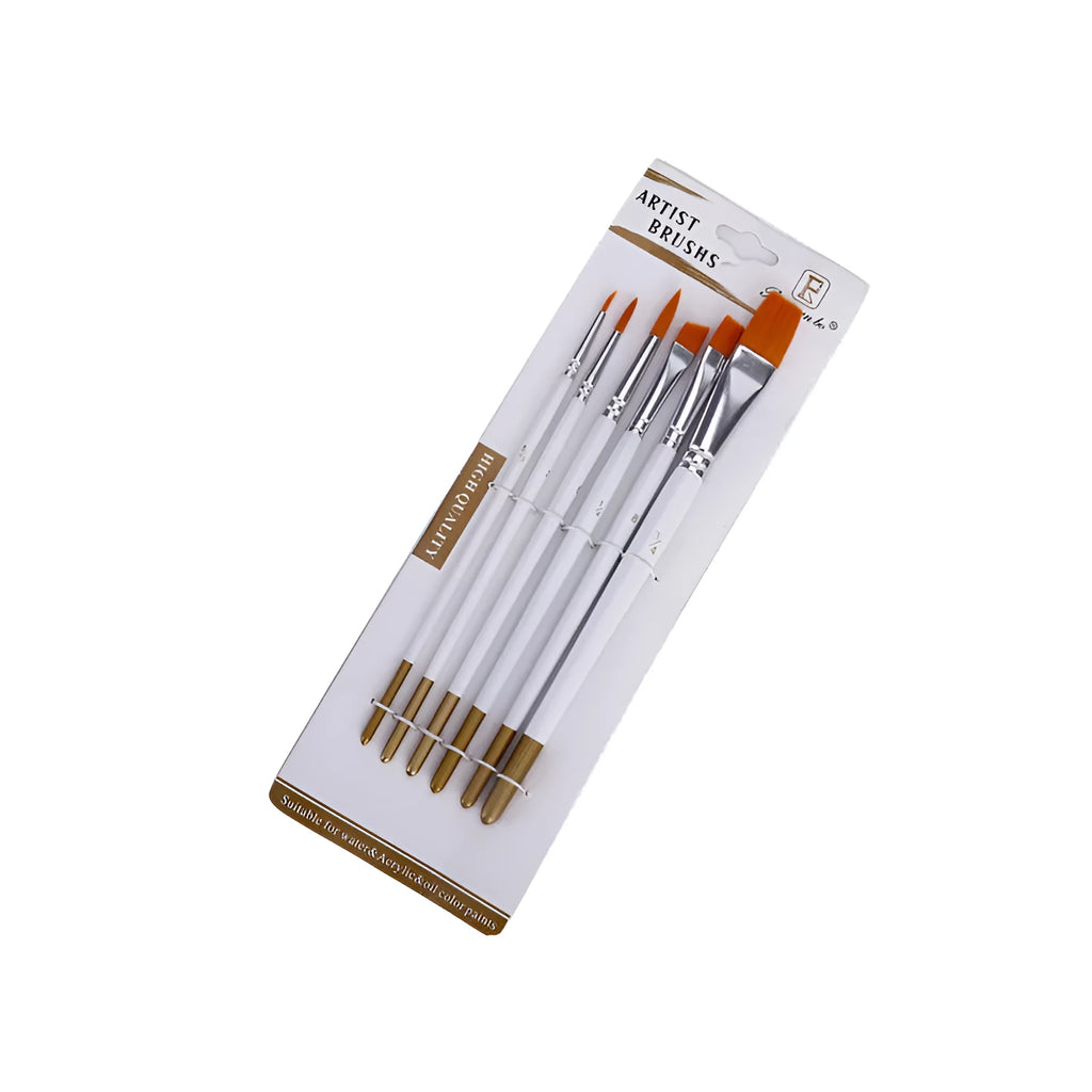 Set of six watercolour acrylic paint brushes with wood handles and nylon wool bristles in assorted sizes