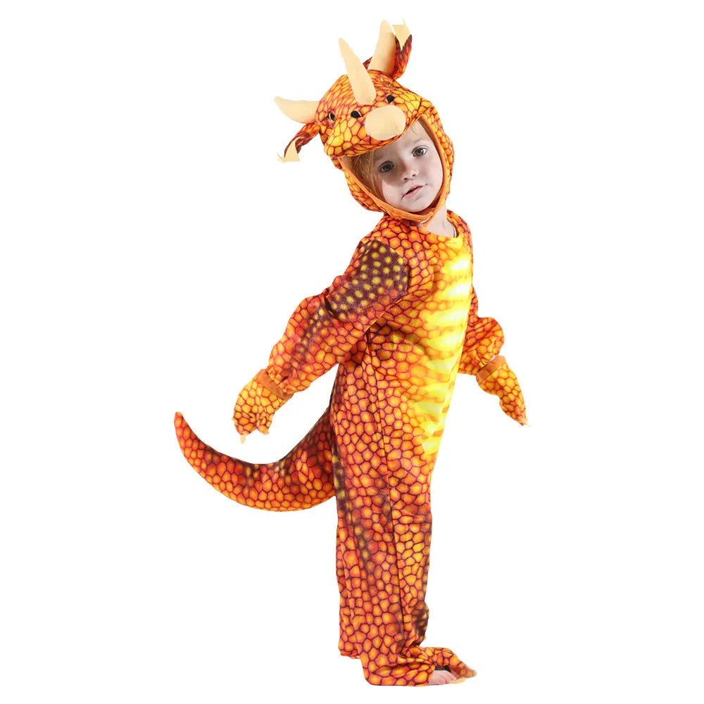Children's one-piece dinosaur Halloween costume playsuit in green, available in sizes 100cm, 110cm, and 120cm.