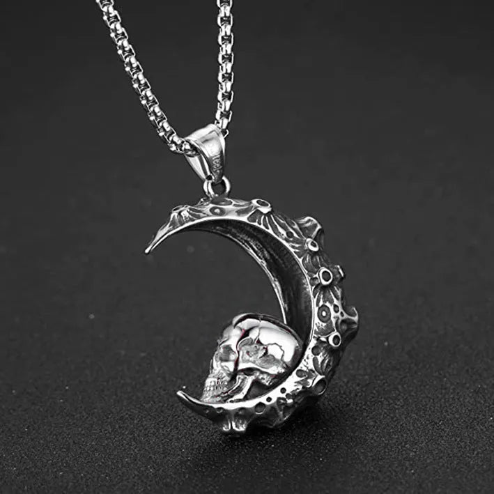 Silver men's skull necklace with stainless steel chain and alloy pendant in six design variations