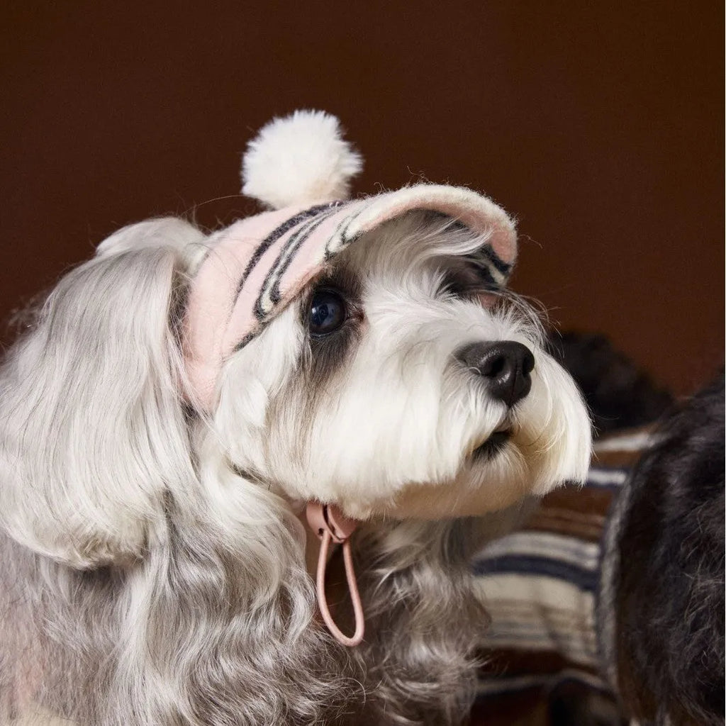 Striped fur ball acrylic dog hat in pink and coffee colours on display showing side view