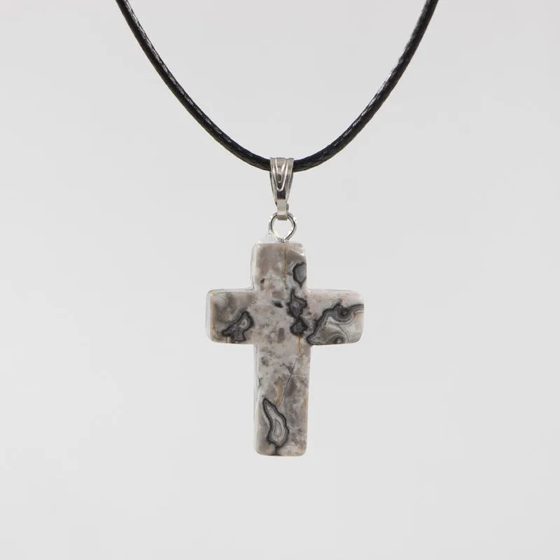 Natural stone cross marble pattern pendant necklace with alloy setting and snake chain, multiple colour options including amethyst and turquoise