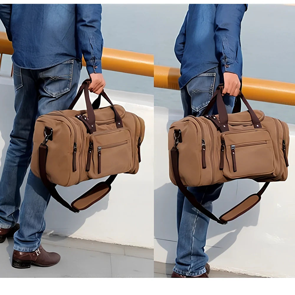 Men's canvas travel bag in army green with waterproof breathable canvas, soft handle, and cotton lining for dry travel packing