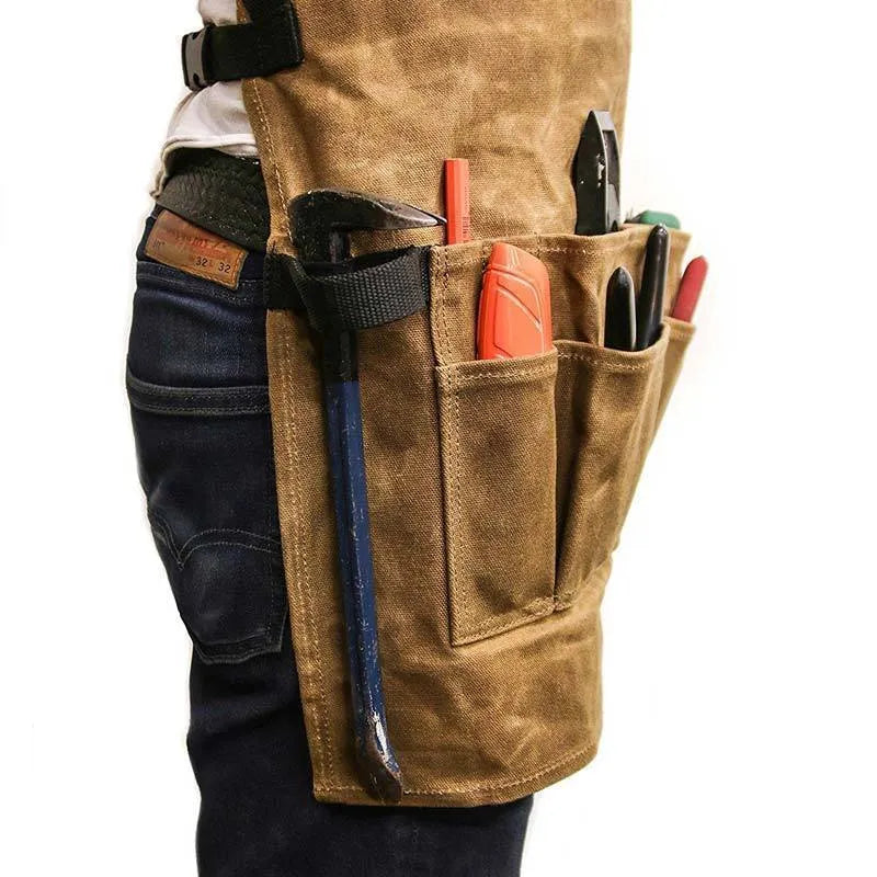 Yellow leather webbing work apron with multiple tool pockets and adjustable straps
