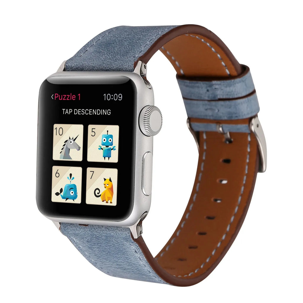 Genuine leather watch strap with folding buckle in blue, shown in 38mm width.