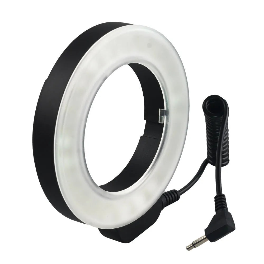 W48 LED ring light with 48 beads, six adapter rings, white and amber shades, on a table