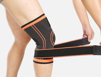 3D Sports Knee Pad in black, red, orange, and green with double beams for meniscus protection