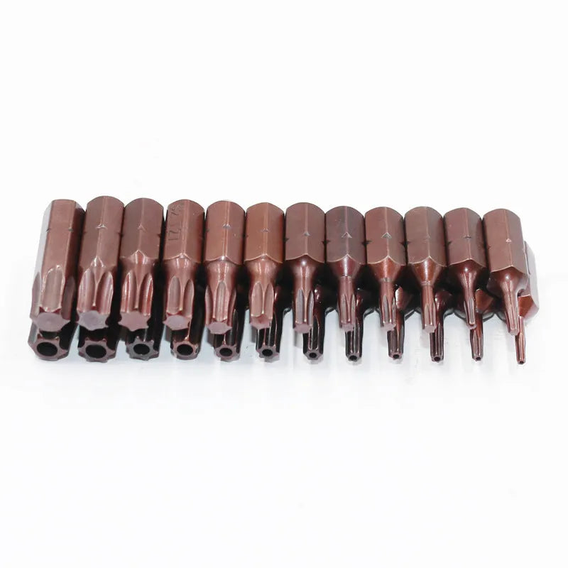 Black steel screwdriver bit set with magnetic tips showing T6 to T40 sizes, hollow and solid hex styles.