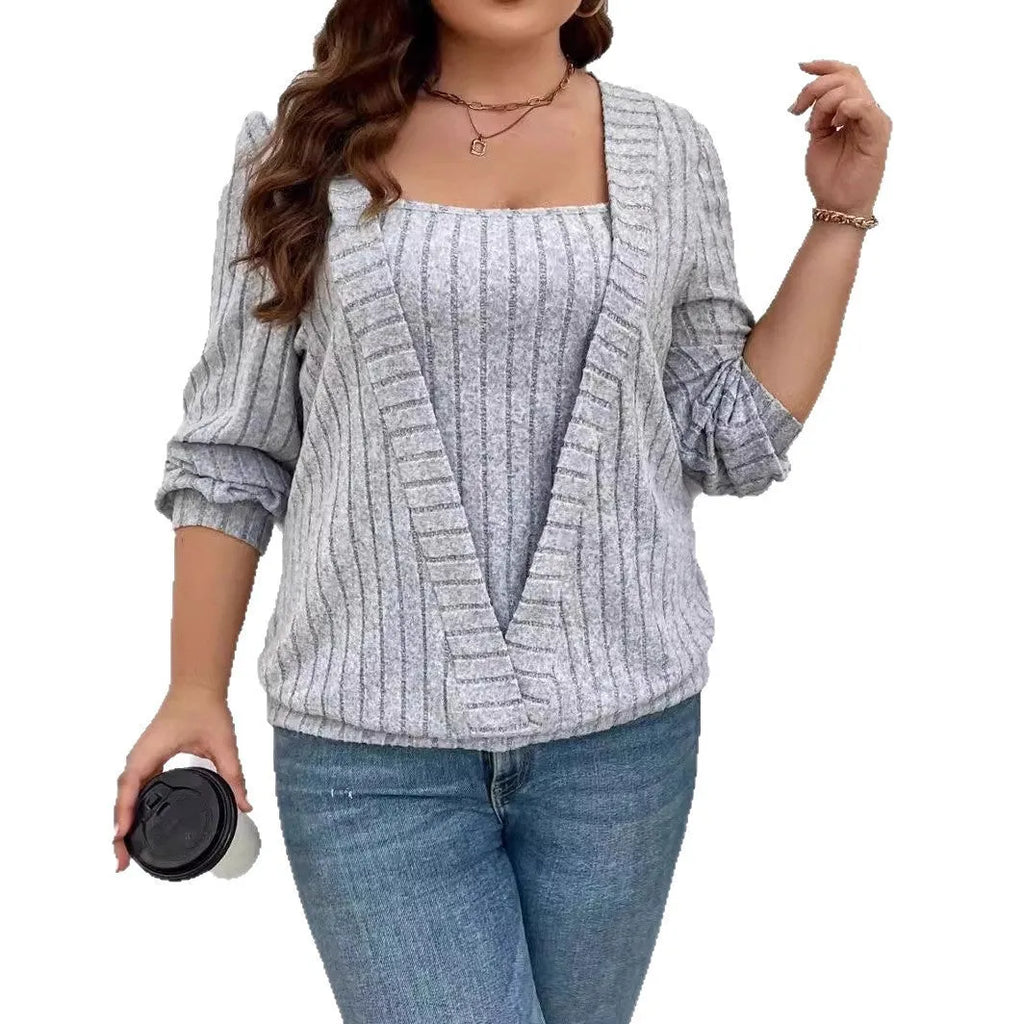 Women's solid colour ribbed knit false two-piece suit dress with V-neck and long sleeves