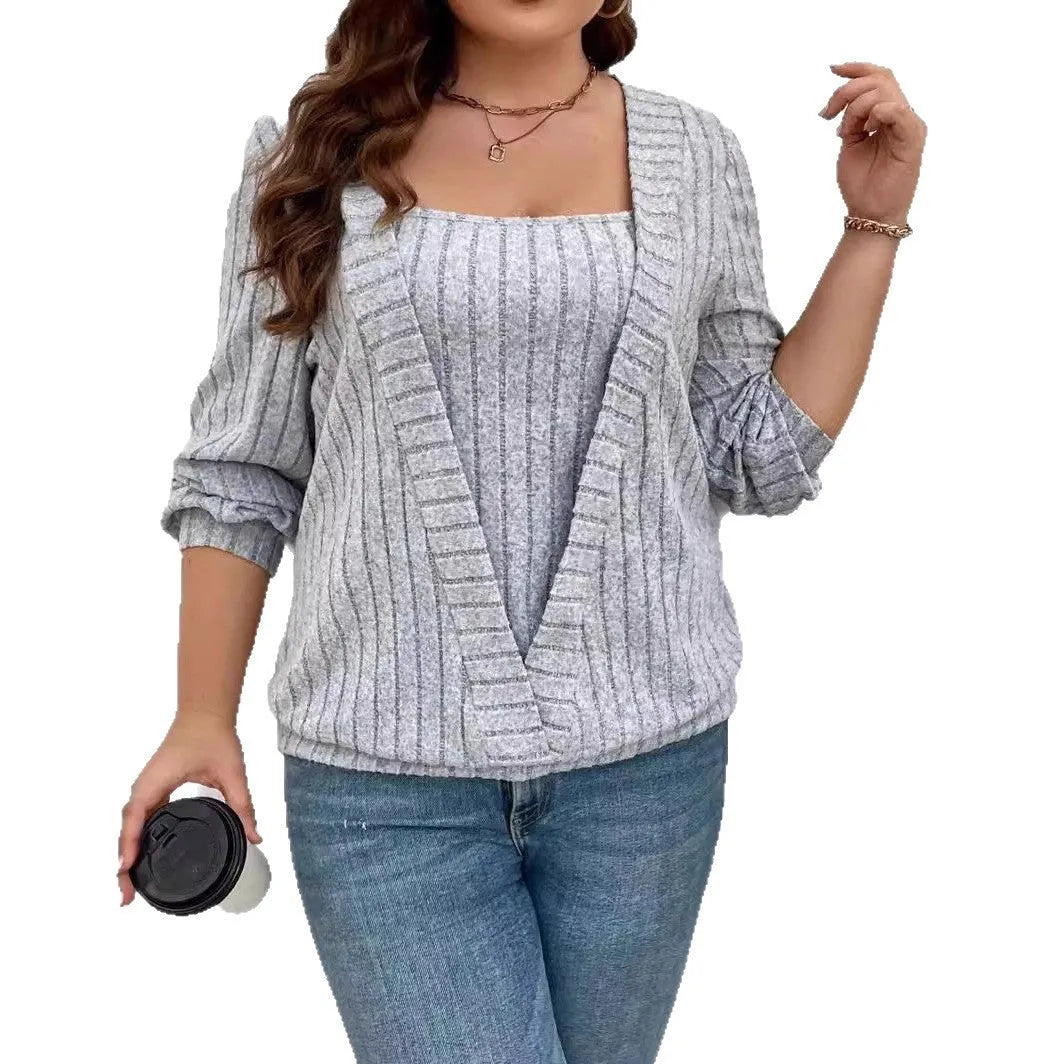 Women's solid colour ribbed knit false two-piece suit dress with V-neck and long sleeves