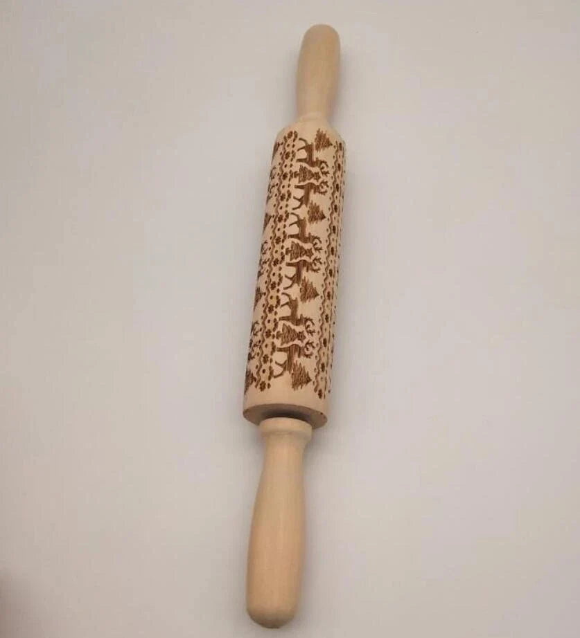 Wooden Christmas embossing rolling pin with non-stick surface for festive baking