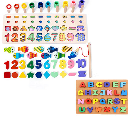 Wooden 3D alphabet number puzzle board 42x16x8 cm with geometric letter and number pieces in ocean blue theme