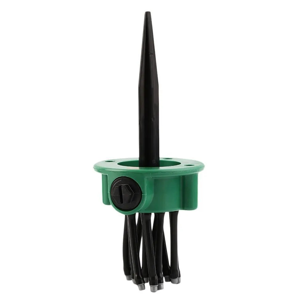 Green adjustable lawn sprinkler with flexible bendable watering nozzles on a 9cm base.