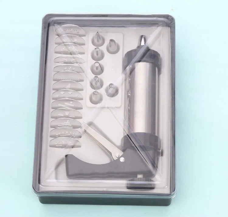 Stainless steel biscuit press with 13 moulds and 8 nozzles for baking and decorating