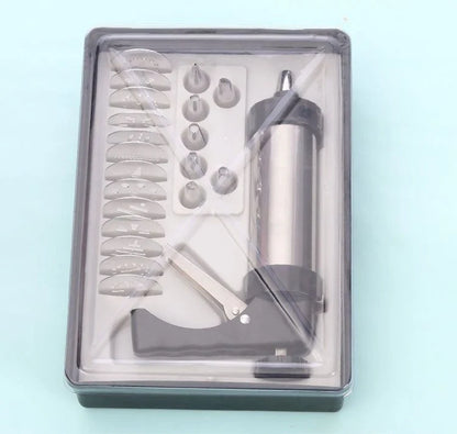 Stainless steel biscuit press with 13 moulds and 8 nozzles for baking and decorating