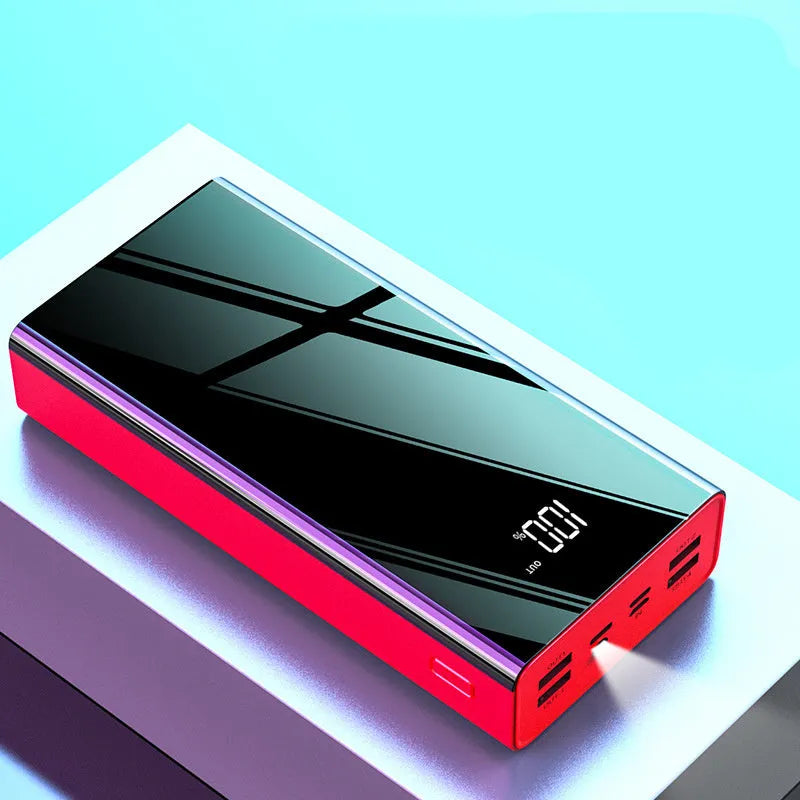 Large 40000 mAh power bank with LCD display in red and black colour options.