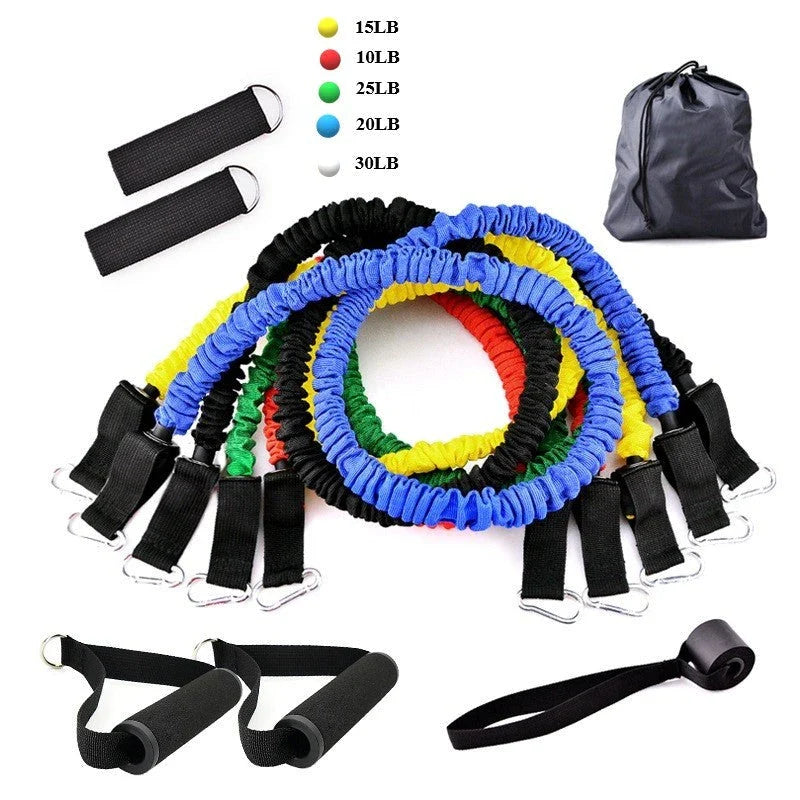 Portable Fitness Rally set with five resistance bands, handles, and ankle straps for comprehensive workouts