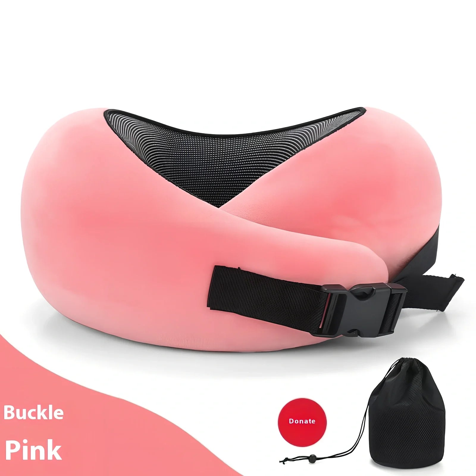 Dark gray adjustable U-shaped memory foam neck pillow with Velcro closure and storage bag, 30cm high for travel support