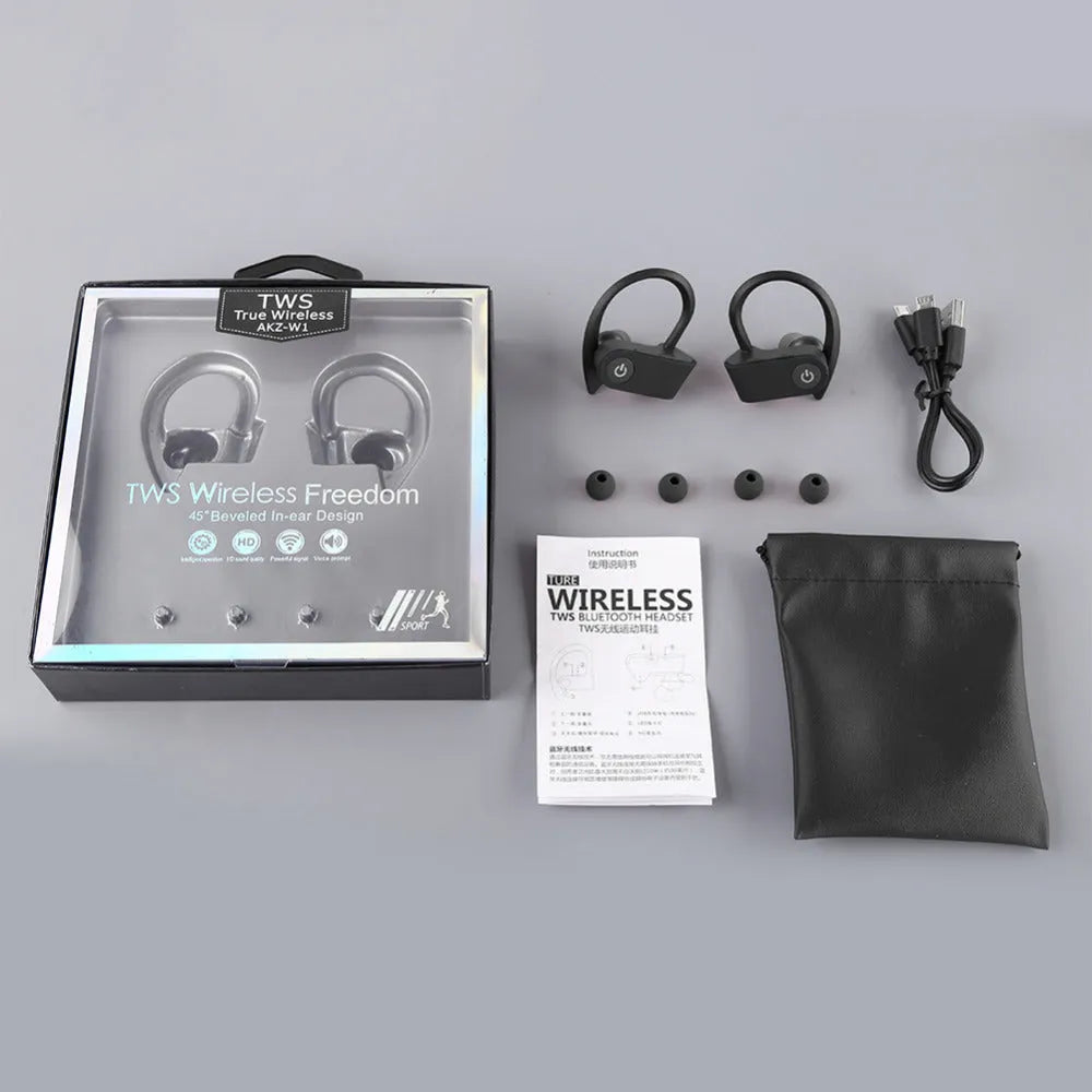 Black wireless Bluetooth V5.0 in-ear headphones with ergonomic silicone tips.
