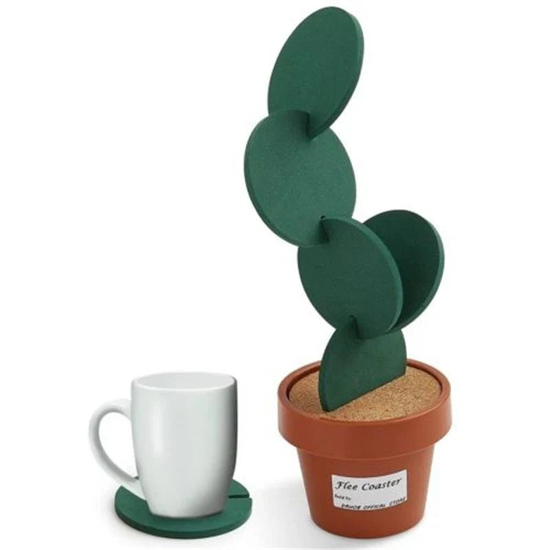 Green cactus-shaped coaster mat set with flowerpot holder for table protection and decoration
